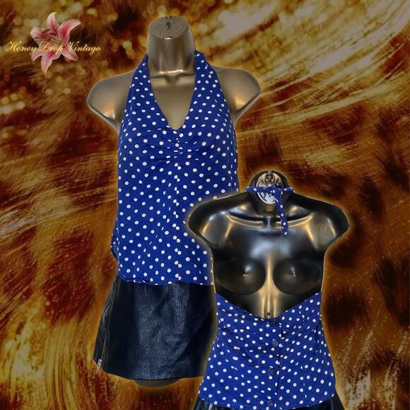 The Unbranded Brand Tops - Blue and White Polka Dot Halter Neck Backless Tank Top